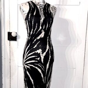 Maxi Dress Black Tie Dye Sleeveless Lace Up Strappy Cut Out Material Girl Size S